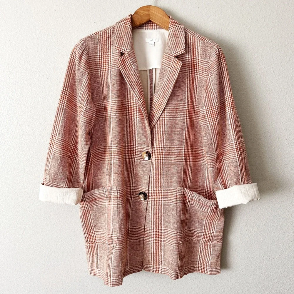 J. Jill Harper Henna Plaid Plaid Linen Cotton Oversize Blazer Jacket Size Medium - Picture 2 of 12